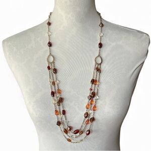 Multi-Strand Beaded Necklace | Amber, Brown & Red Beads | Layered